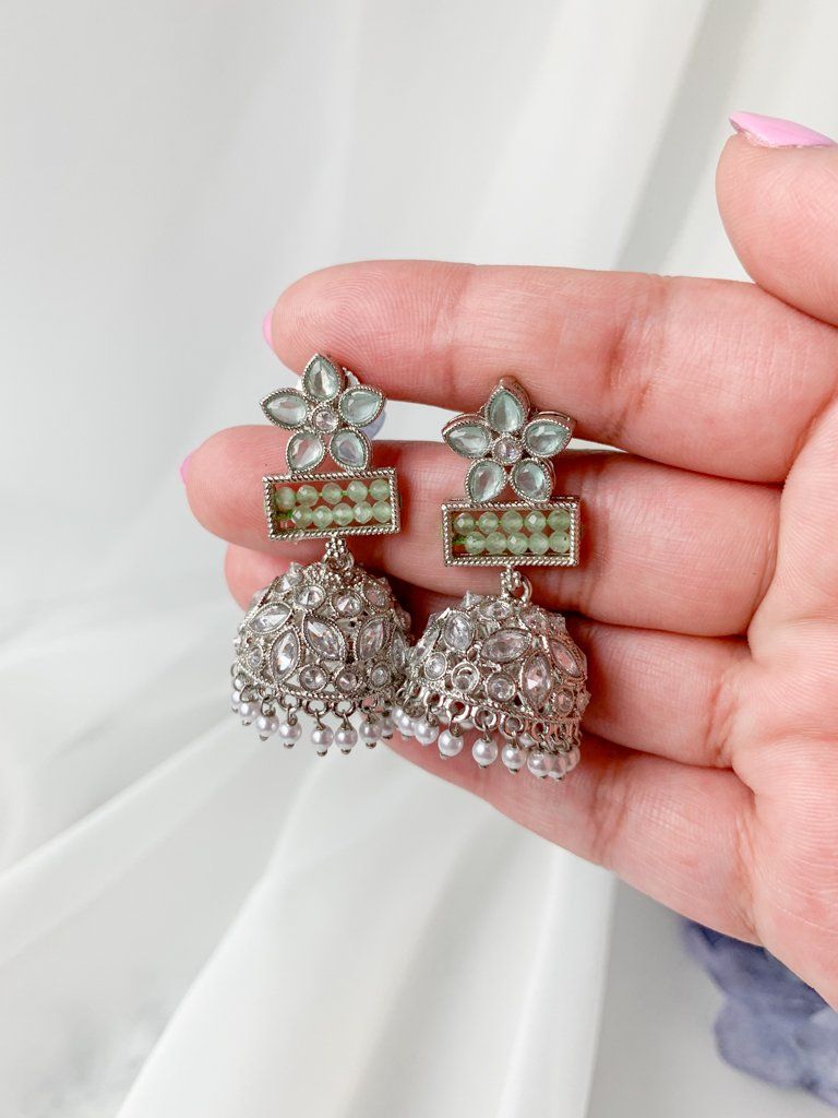 Petals in Polki Earrings THE KUNDAN SHOP Silver Mint Green 