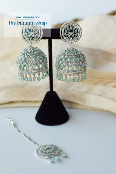 Allusive Jhumkis in Silver & Mint Earrings + Tikka THE KUNDAN SHOP 