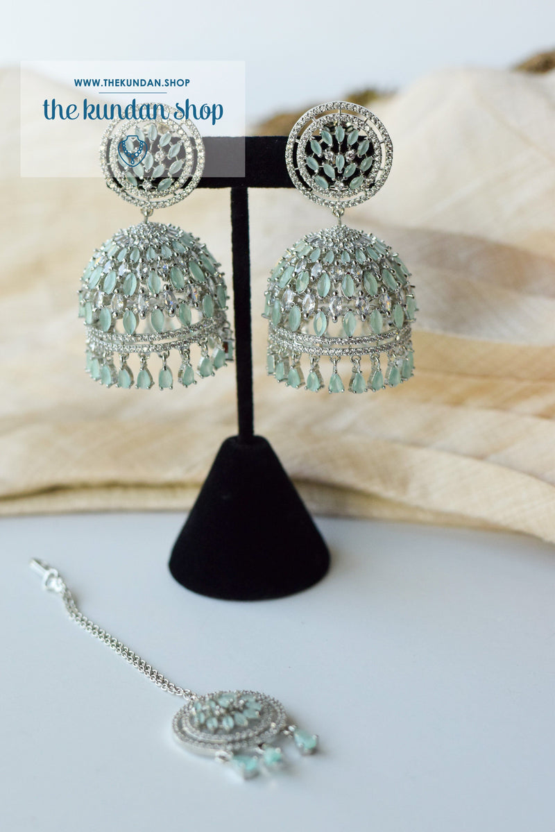 Allusive Jhumkis in Silver & Mint Earrings + Tikka THE KUNDAN SHOP 