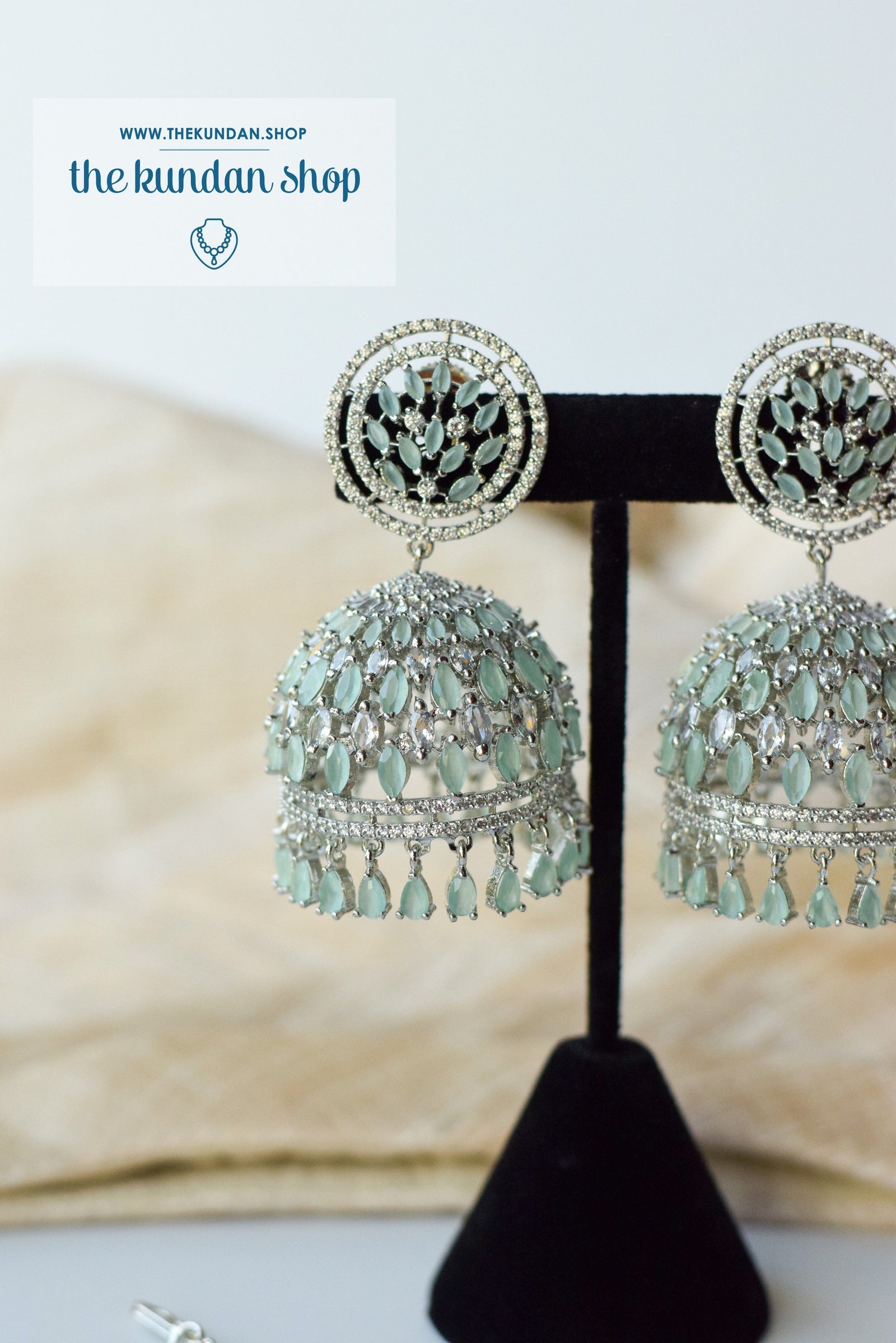 Allusive Jhumkis in Silver & Mint Earrings + Tikka THE KUNDAN SHOP 