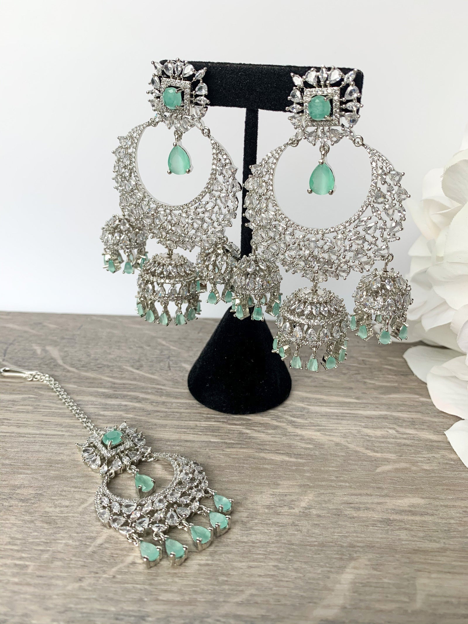 Radiance - Silver + Mint, Earrings + Tikka - THE KUNDAN SHOP
