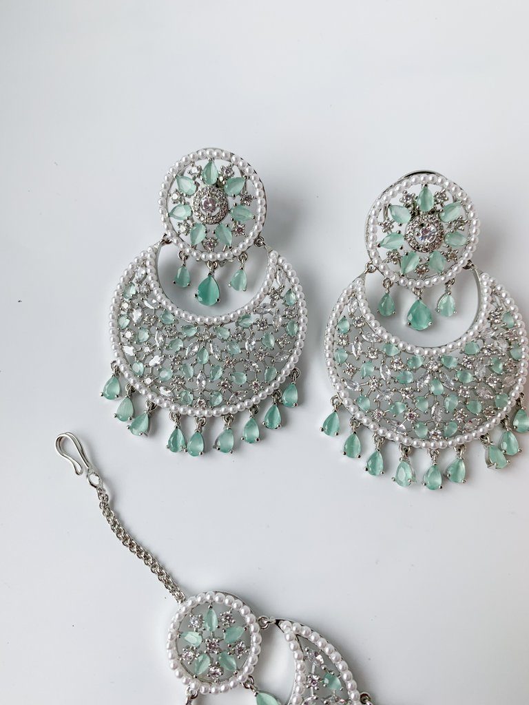 Decisive in Silver & Mint Earrings + Tikka THE KUNDAN SHOP 