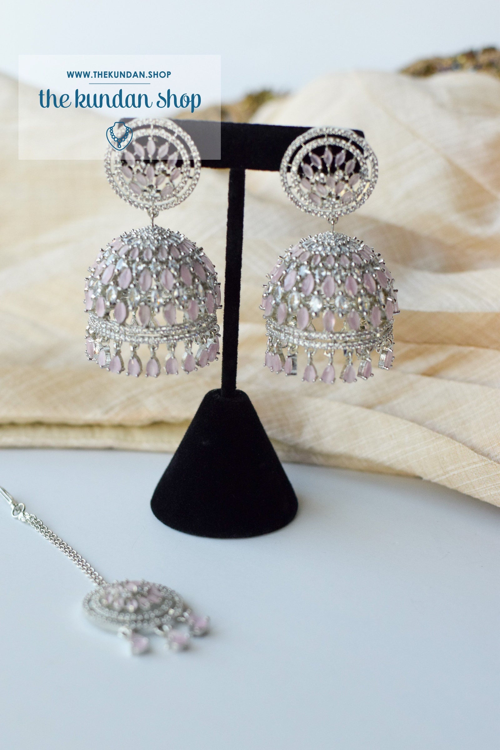 Allusive Jhumkis in Silver & Pink Earrings + Tikka THE KUNDAN SHOP 