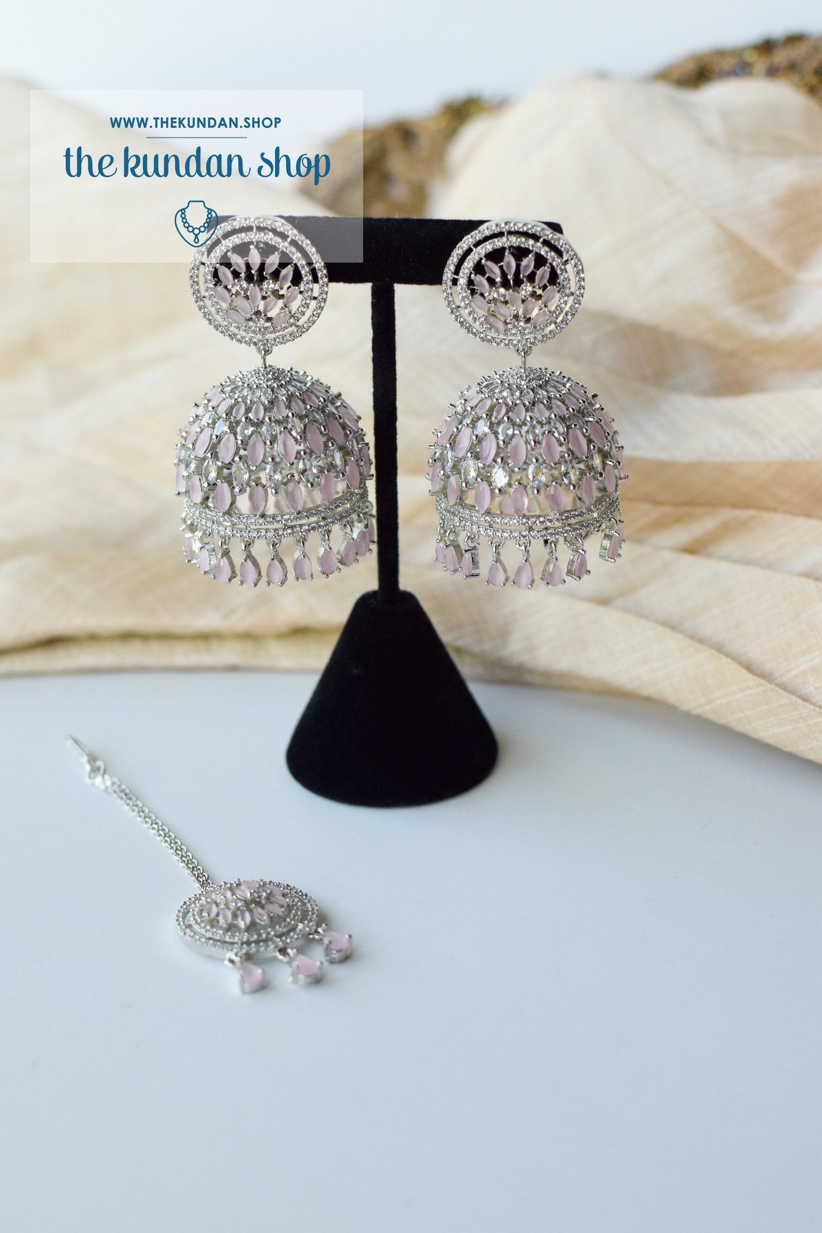 Allusive Jhumkis in Silver & Pink Earrings + Tikka THE KUNDAN SHOP 