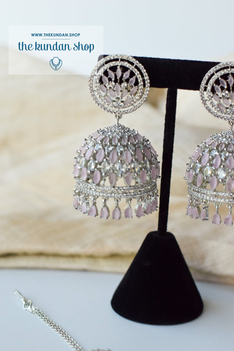 Allusive Jhumkis in Silver & Pink Earrings + Tikka THE KUNDAN SHOP 