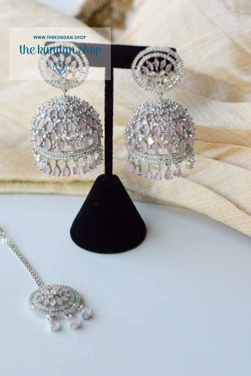 Allusive Jhumkis in Silver & Pink Earrings + Tikka THE KUNDAN SHOP 