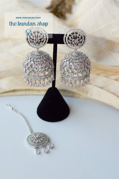 Allusive Jhumkis in Silver & Pink Earrings + Tikka THE KUNDAN SHOP 