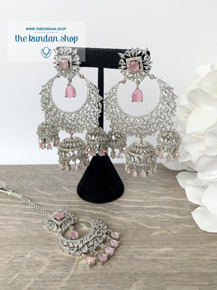 Radiance - Silver + Pink, Earrings + Tikka - THE KUNDAN SHOP