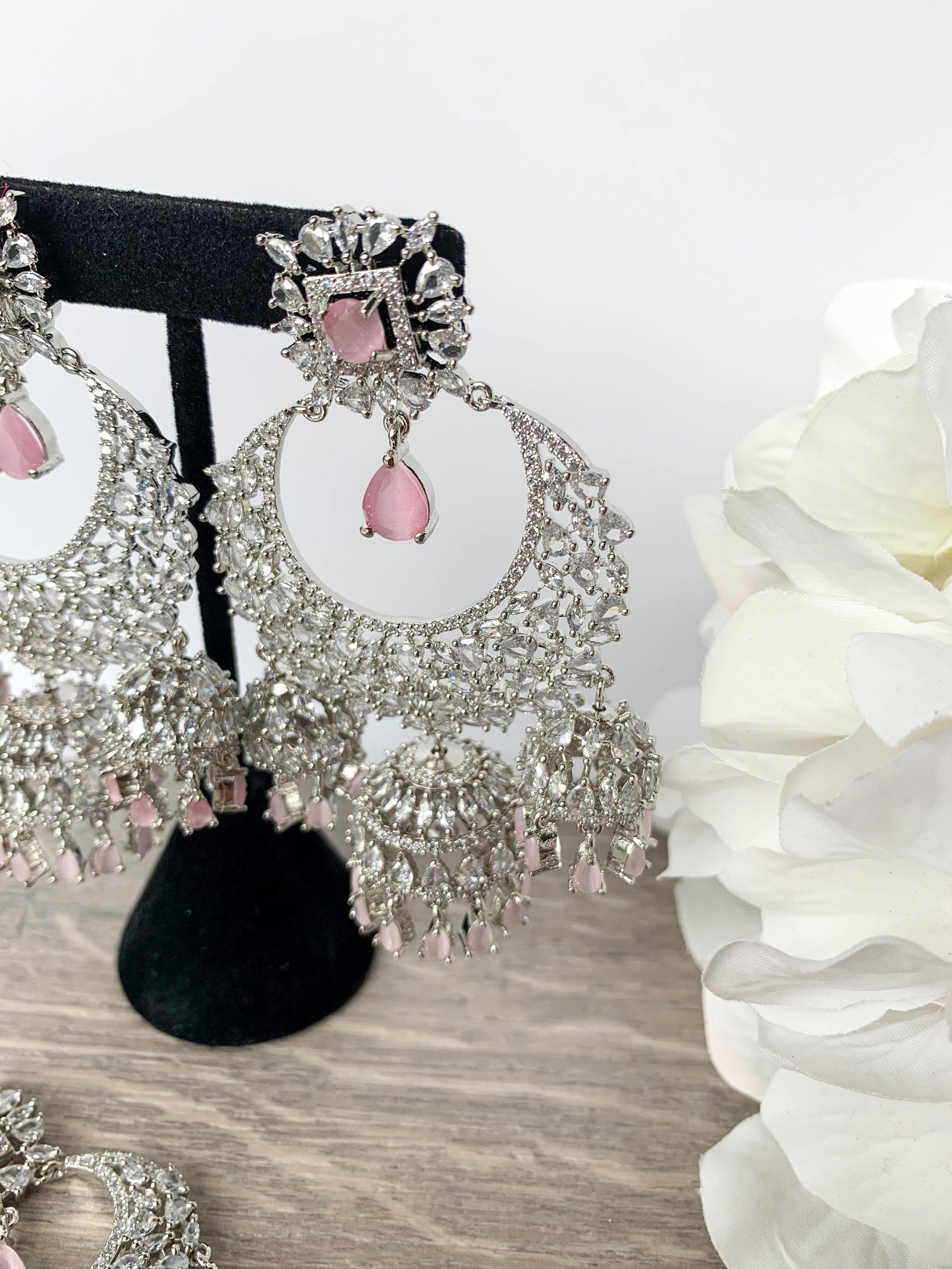 Radiance - Silver + Pink, Earrings + Tikka - THE KUNDAN SHOP