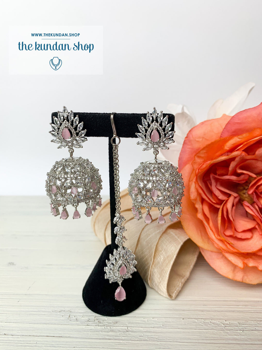 Ambiance in Silver + Pink, Earrings + Tikka - THE KUNDAN SHOP