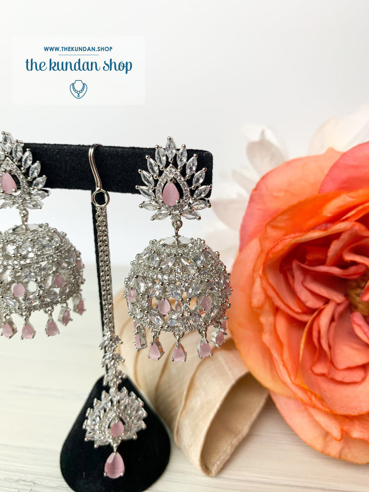 Ambiance in Silver + Pink, Earrings + Tikka - THE KUNDAN SHOP