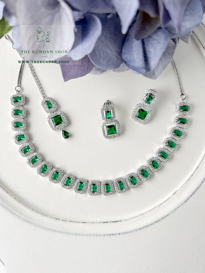 Double Drops in Silver Necklace Sets THE KUNDAN SHOP Emerald 