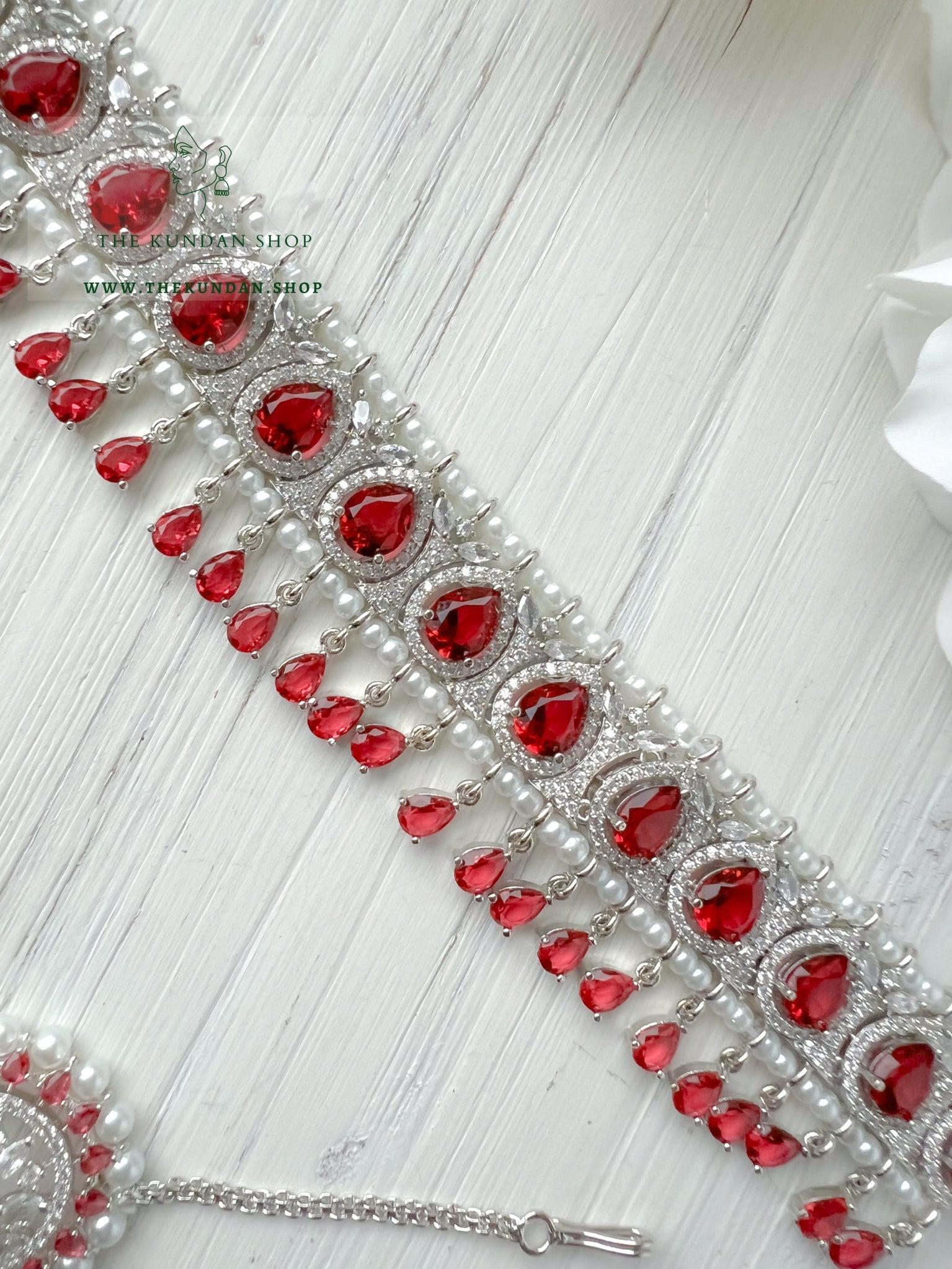 A Teardrop Stone in Silver & Ruby Necklace Sets THE KUNDAN SHOP 