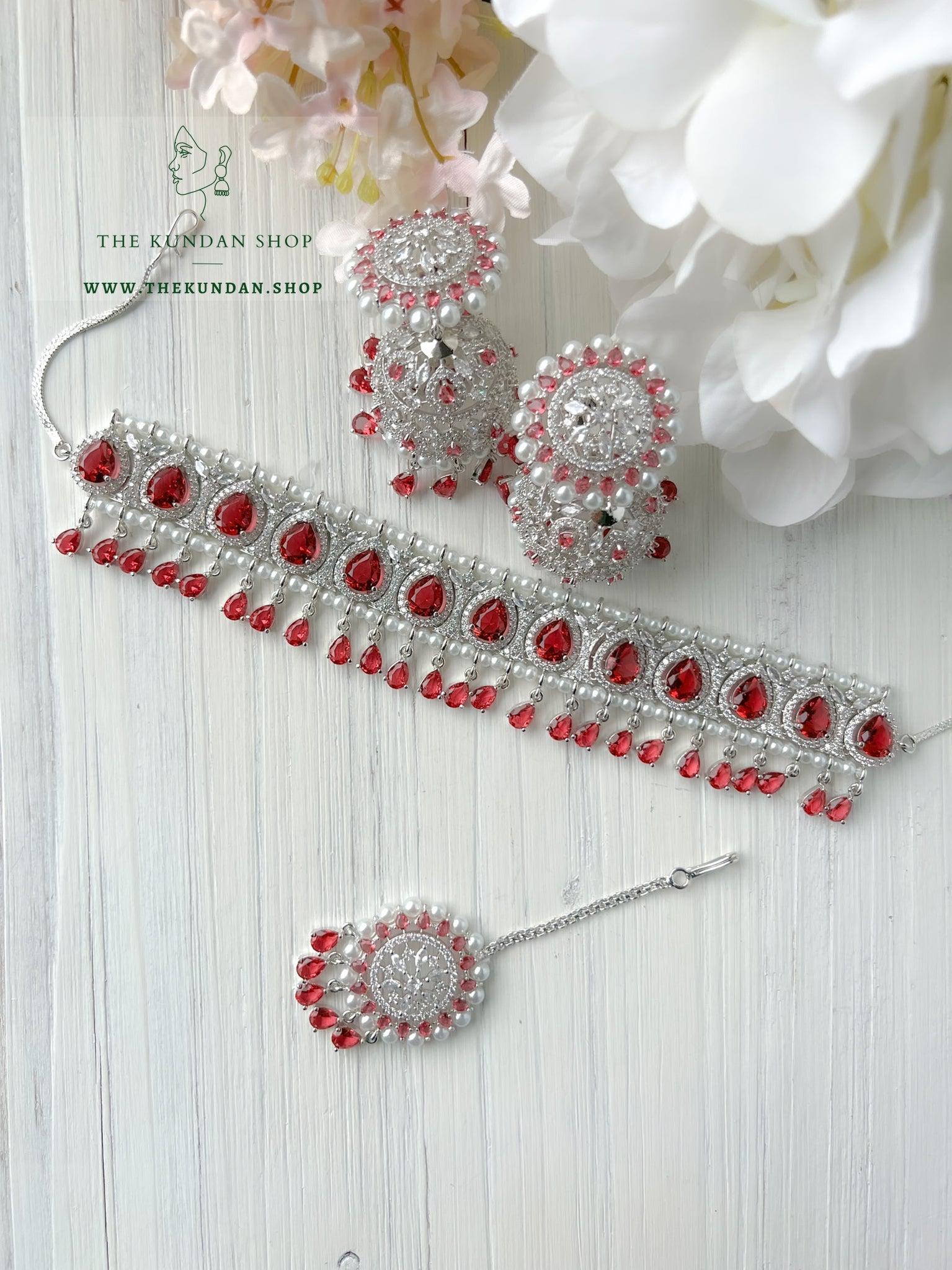 A Teardrop Stone in Silver & Ruby Necklace Sets THE KUNDAN SHOP 