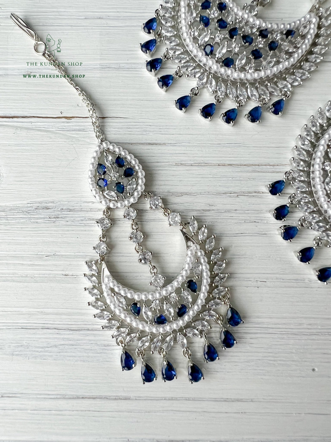 Beyond in Silver & Sapphire Earrings + Tikka THE KUNDAN SHOP 