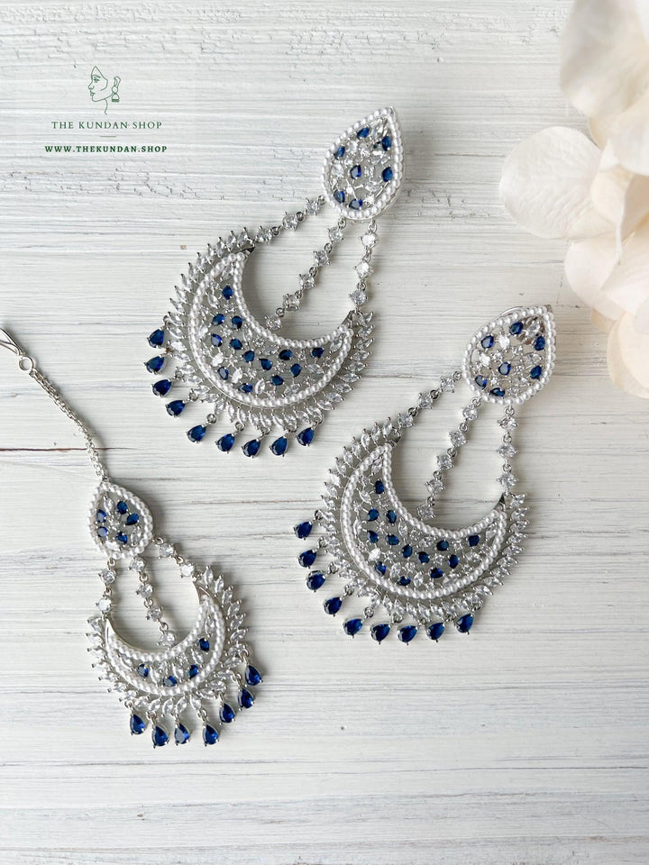 Beyond in Silver & Sapphire Earrings + Tikka THE KUNDAN SHOP 