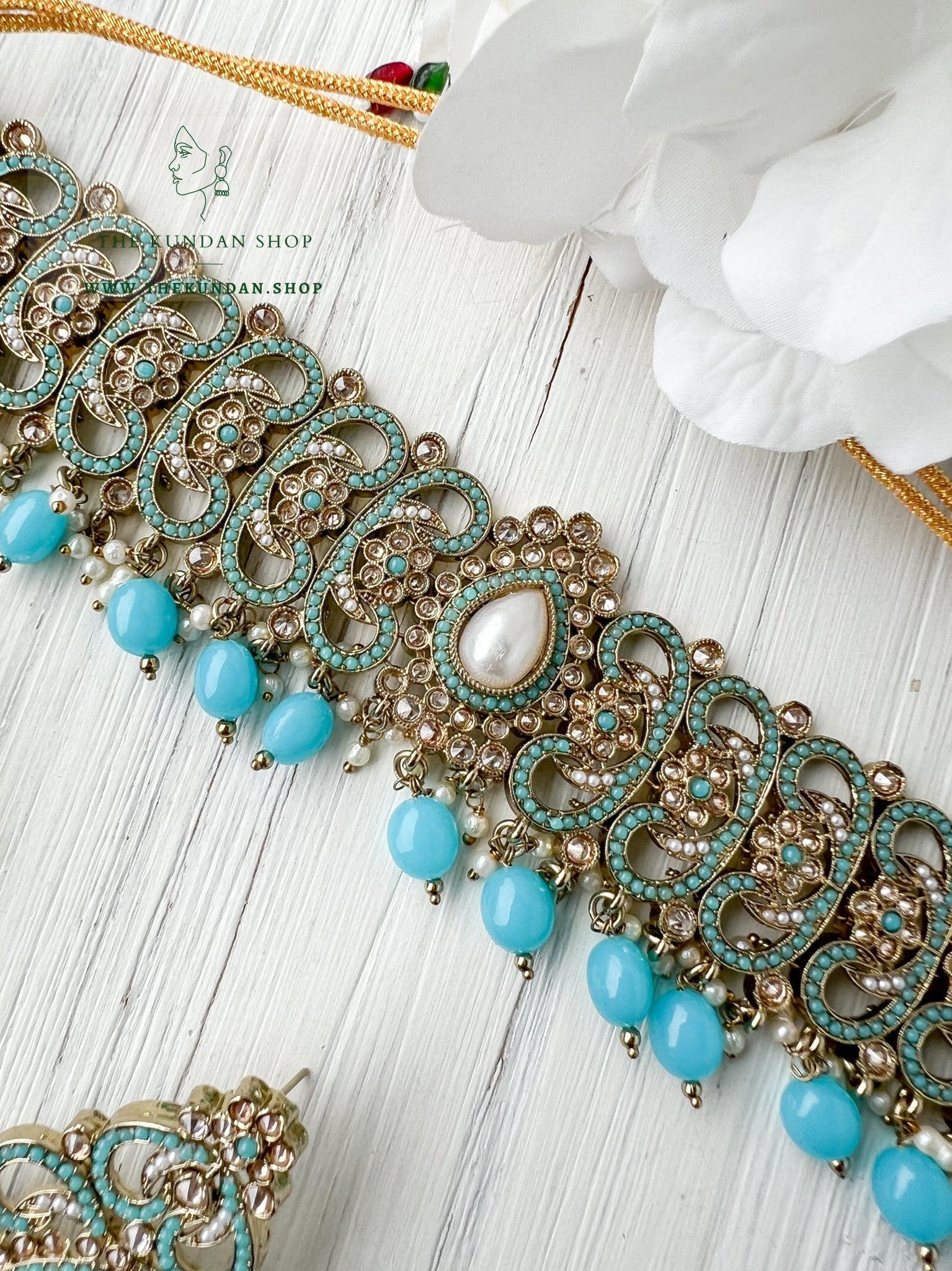 Gentle Polki in Feroza Blue Necklace Sets THE KUNDAN SHOP 