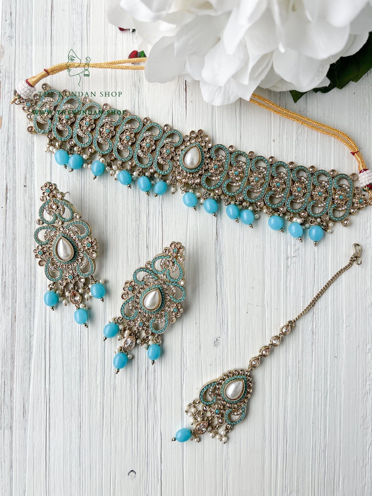 Gentle Polki in Feroza Blue Necklace Sets THE KUNDAN SHOP 