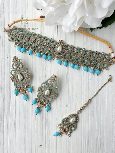 Gentle Polki in Feroza Blue Necklace Sets THE KUNDAN SHOP 