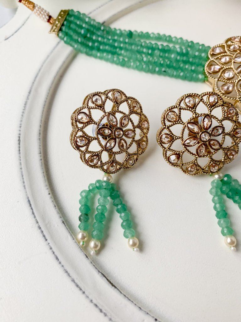 Floral Notes in Spring Green Necklace Sets THE KUNDAN SHOP 