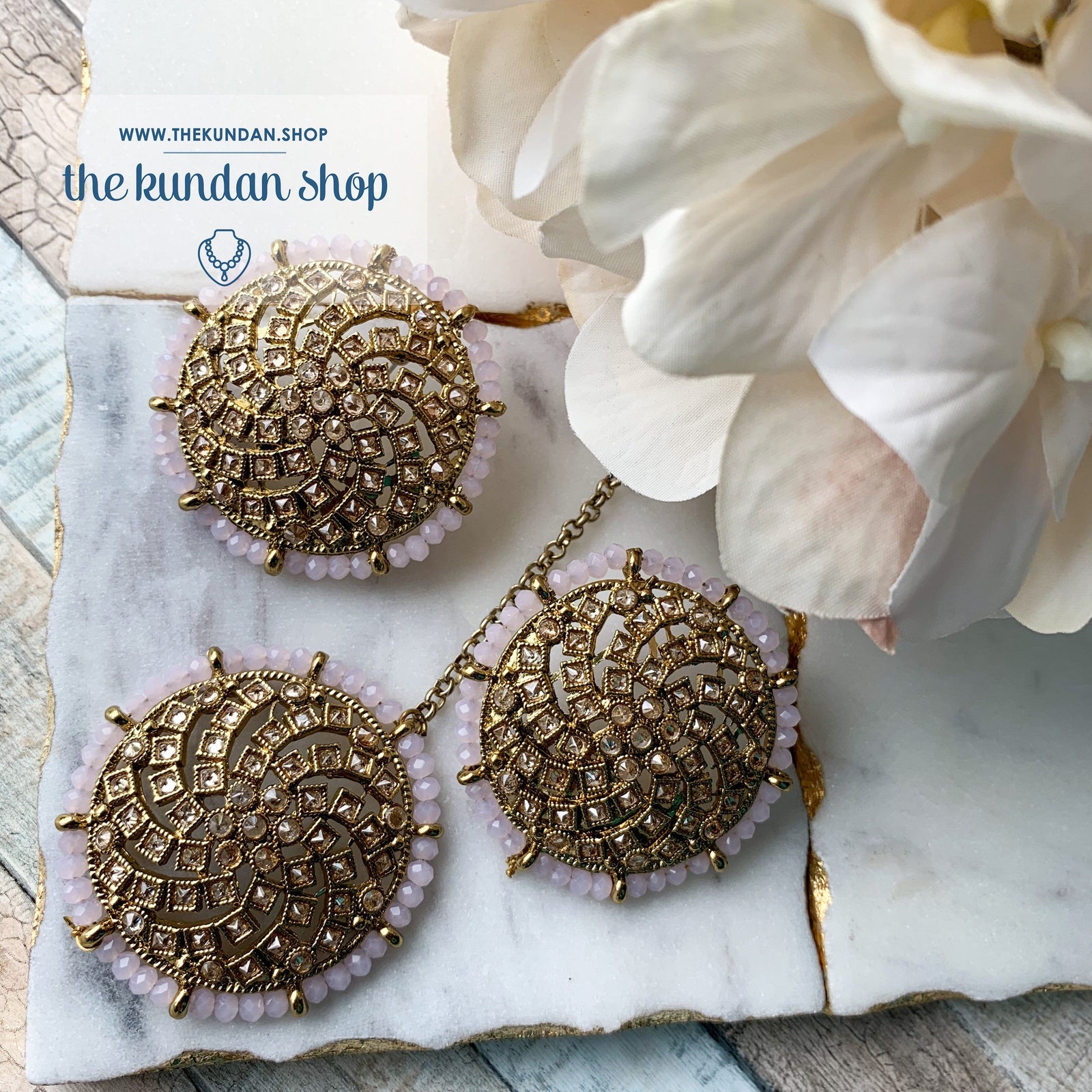 Winter Blues - Light Pink, Earrings + Tikka - THE KUNDAN SHOP