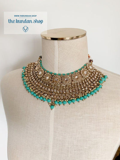 Polki Daisies in Teal Necklace Sets THE KUNDAN SHOP 