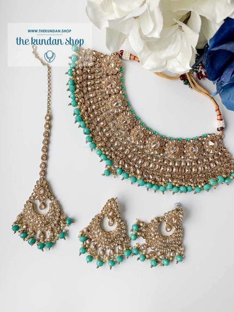 Polki Daisies in Teal Necklace Sets THE KUNDAN SHOP 