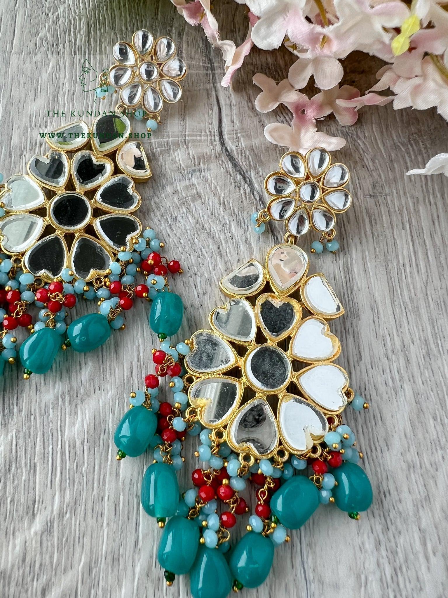 Floral Mirrors in Teal Earrings + Tikka THE KUNDAN SHOP 