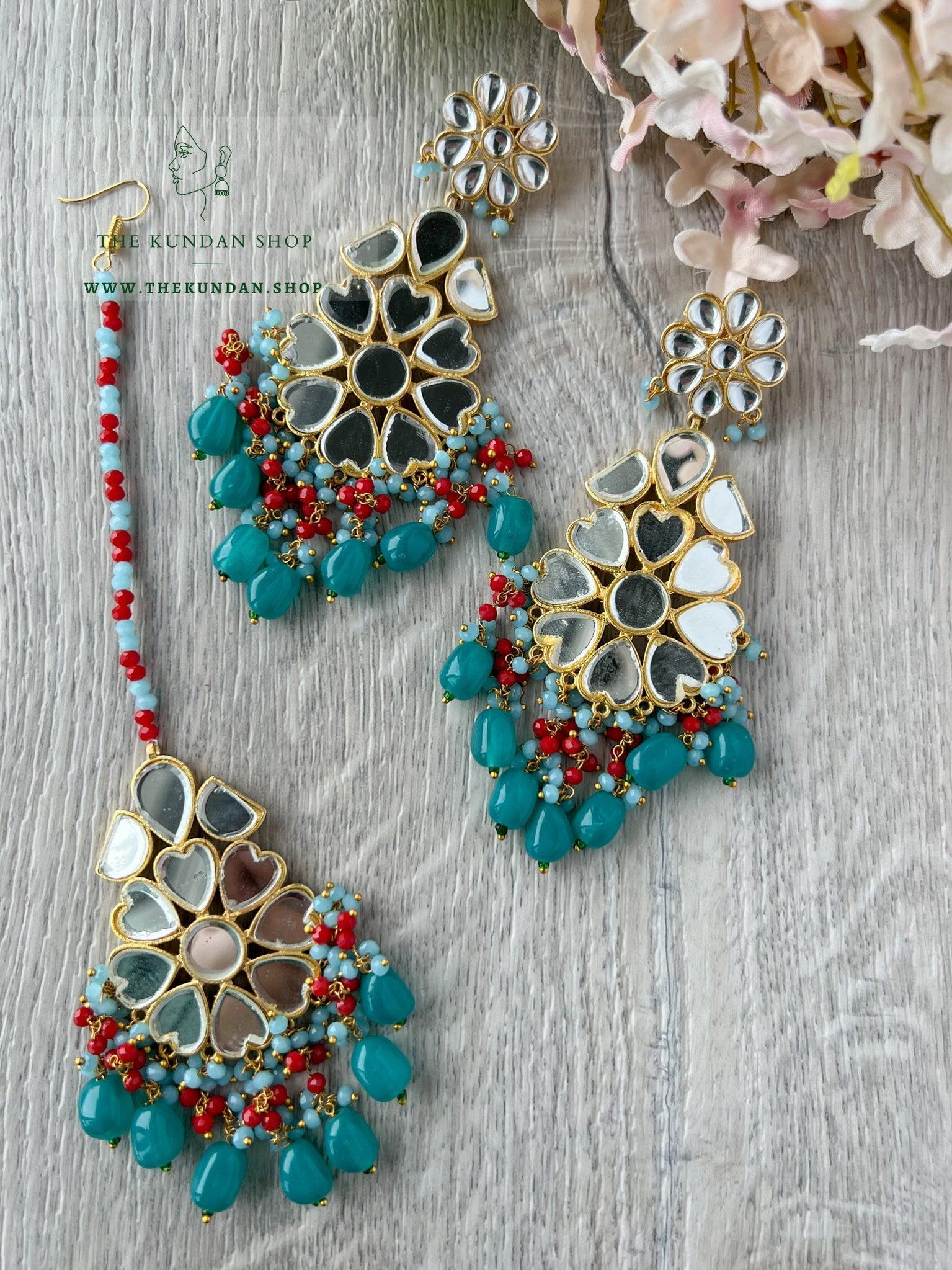 Floral Mirrors in Teal Earrings + Tikka THE KUNDAN SHOP 