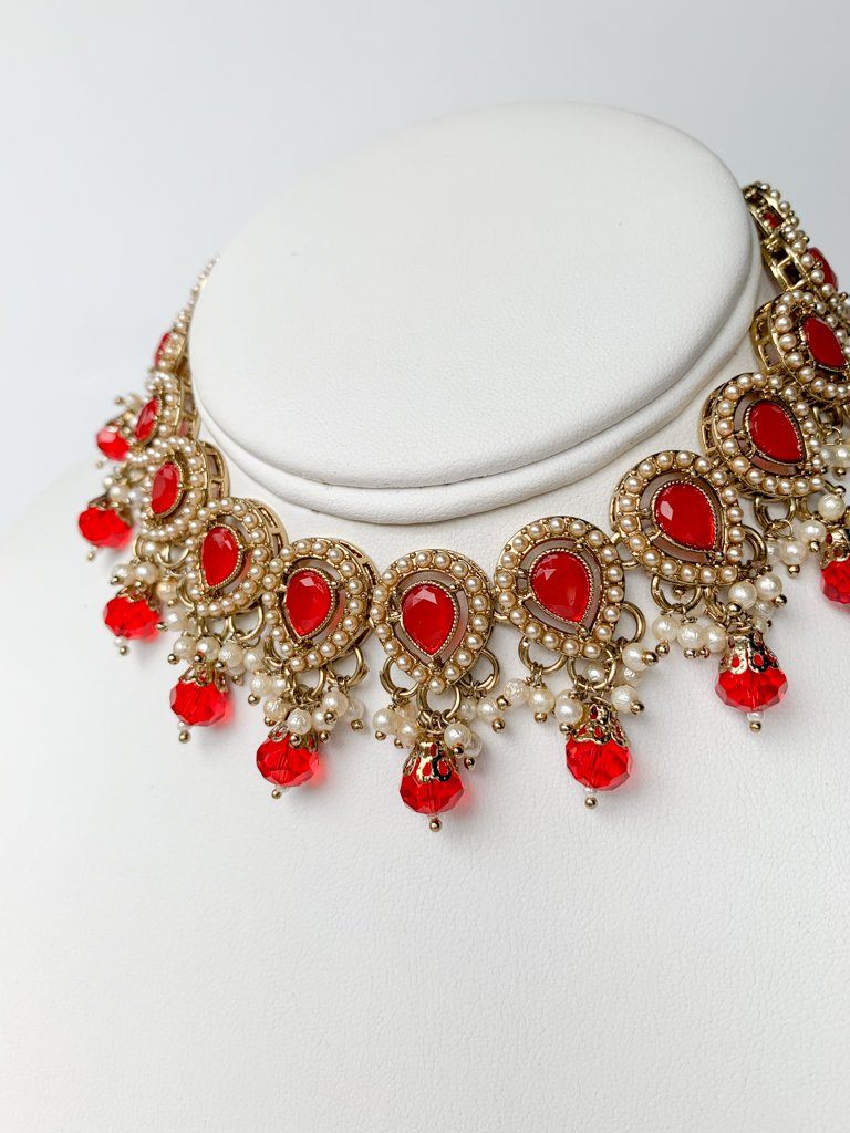 Sweet Drops Choker Necklace Sets THE KUNDAN SHOP Red 