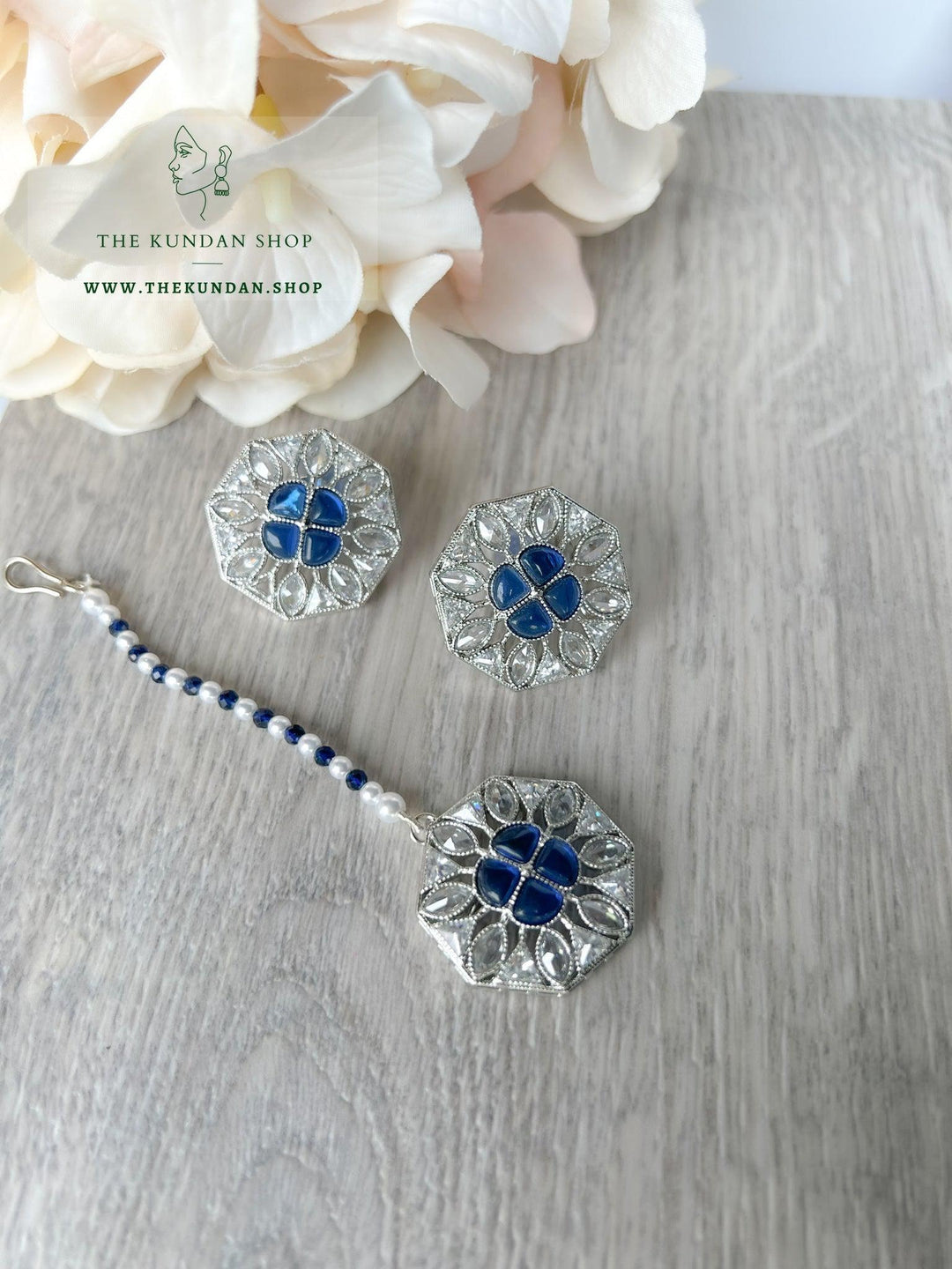 Center Charm Tikka Set Ring THE KUNDAN SHOP Silver Blue 