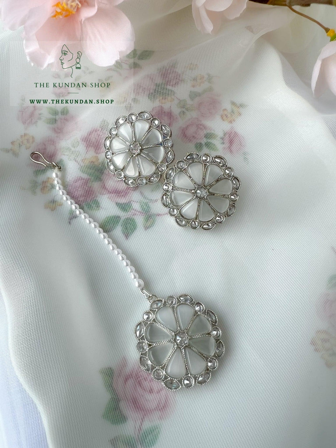 Floret Polki Tikka Set Earrings + Tikka THE KUNDAN SHOP Silver 