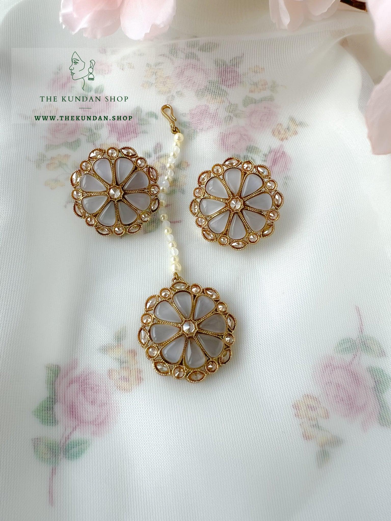 Floret Polki Tikka Set Earrings + Tikka THE KUNDAN SHOP Grey 