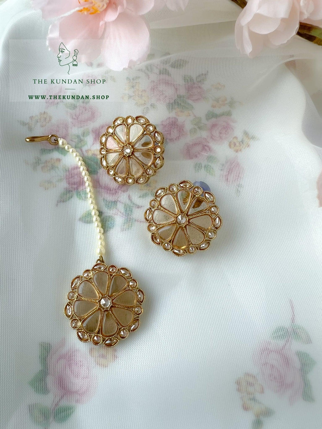 Floret Polki Tikka Set Earrings + Tikka THE KUNDAN SHOP Champagne 