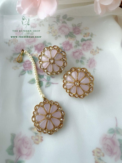 Floret Polki Tikka Set Earrings + Tikka THE KUNDAN SHOP Light Pink 
