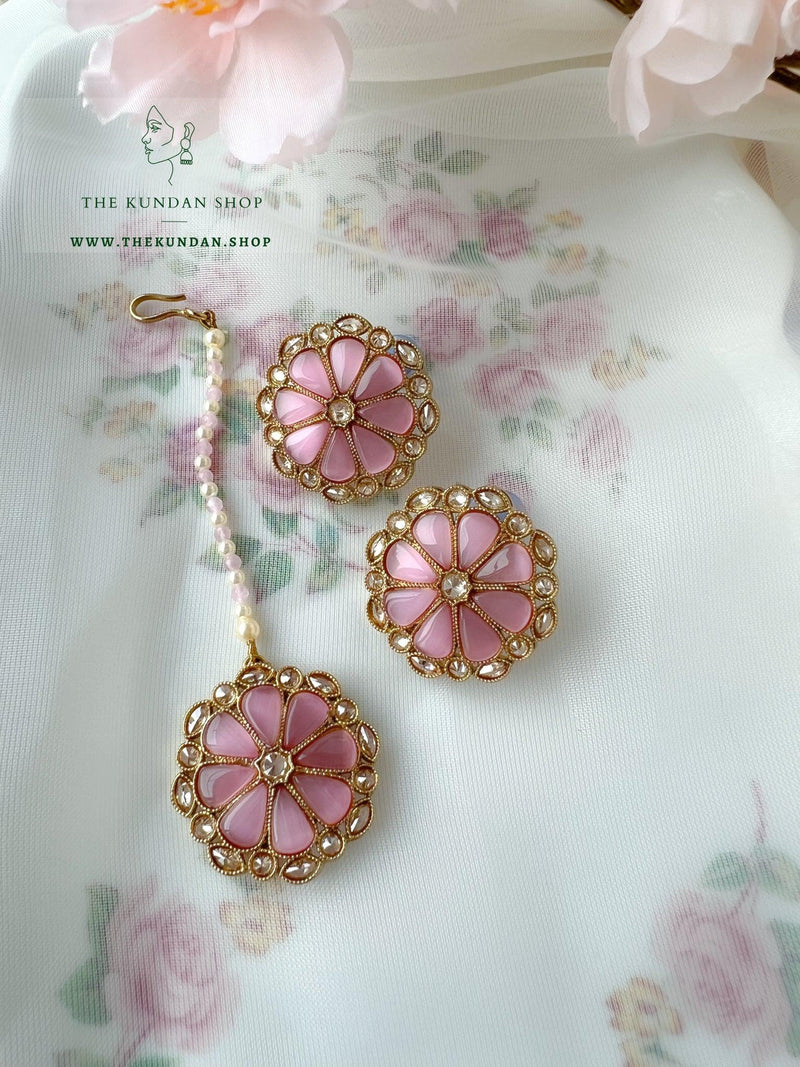 Floret Polki Tikka Set Earrings + Tikka THE KUNDAN SHOP Dark Pink 