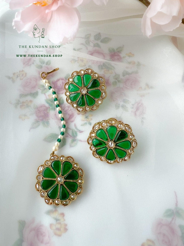 Floret Polki Tikka Set Earrings + Tikka THE KUNDAN SHOP Green 