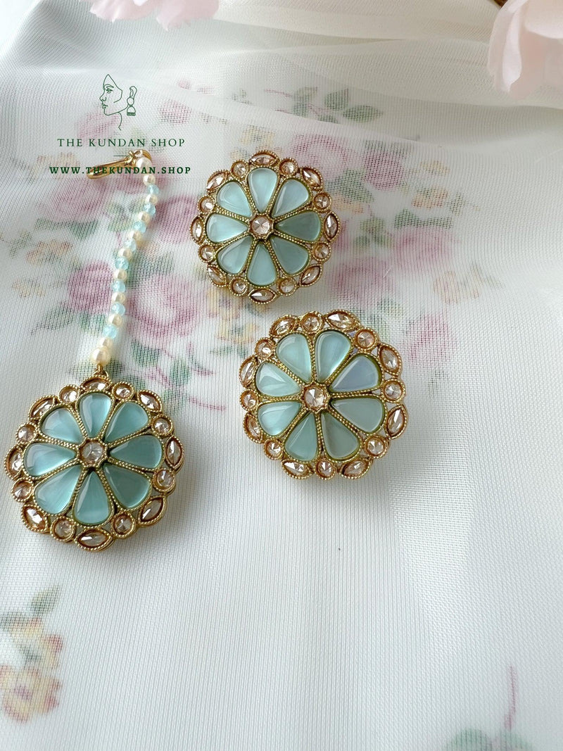 Floret Polki Tikka Set Earrings + Tikka THE KUNDAN SHOP Light Blue 