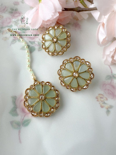 Floret Polki Tikka Set Earrings + Tikka THE KUNDAN SHOP Mint 