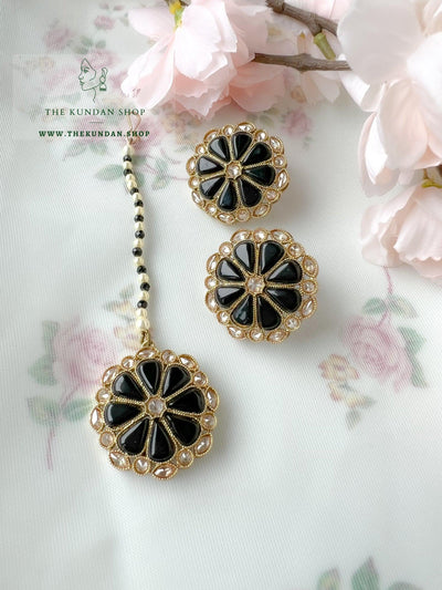 Floret Polki Tikka Set Earrings + Tikka THE KUNDAN SHOP Black 