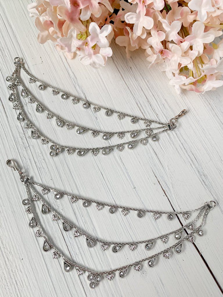 Tri-Stone Drop - Silver Saharay Sahara Earrings THE KUNDAN SHOP 