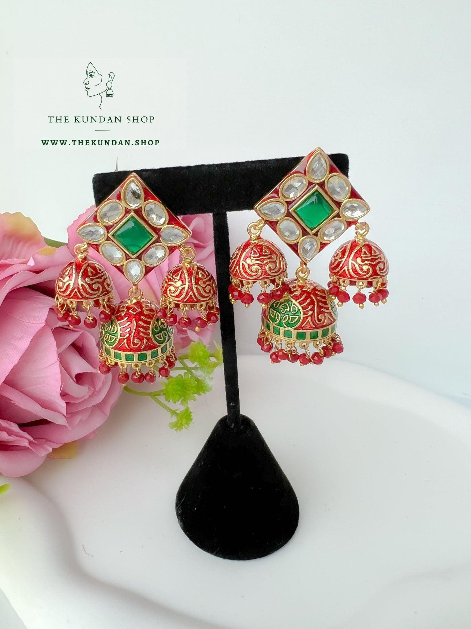 Caring Jhumkis in Meena Earrings THE KUNDAN SHOP Ruby & Green 