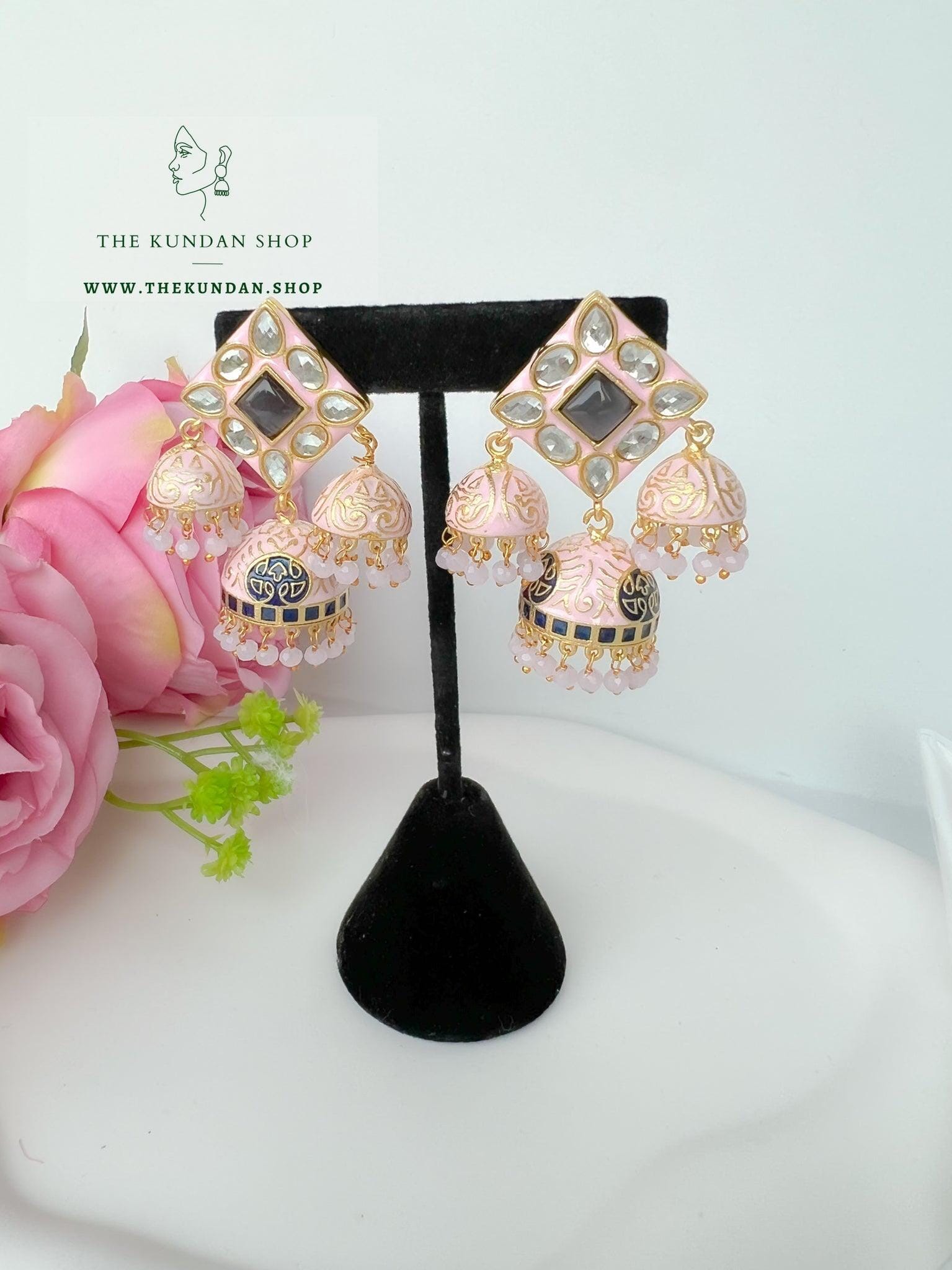 Caring Jhumkis in Meena Earrings THE KUNDAN SHOP Light Pink 
