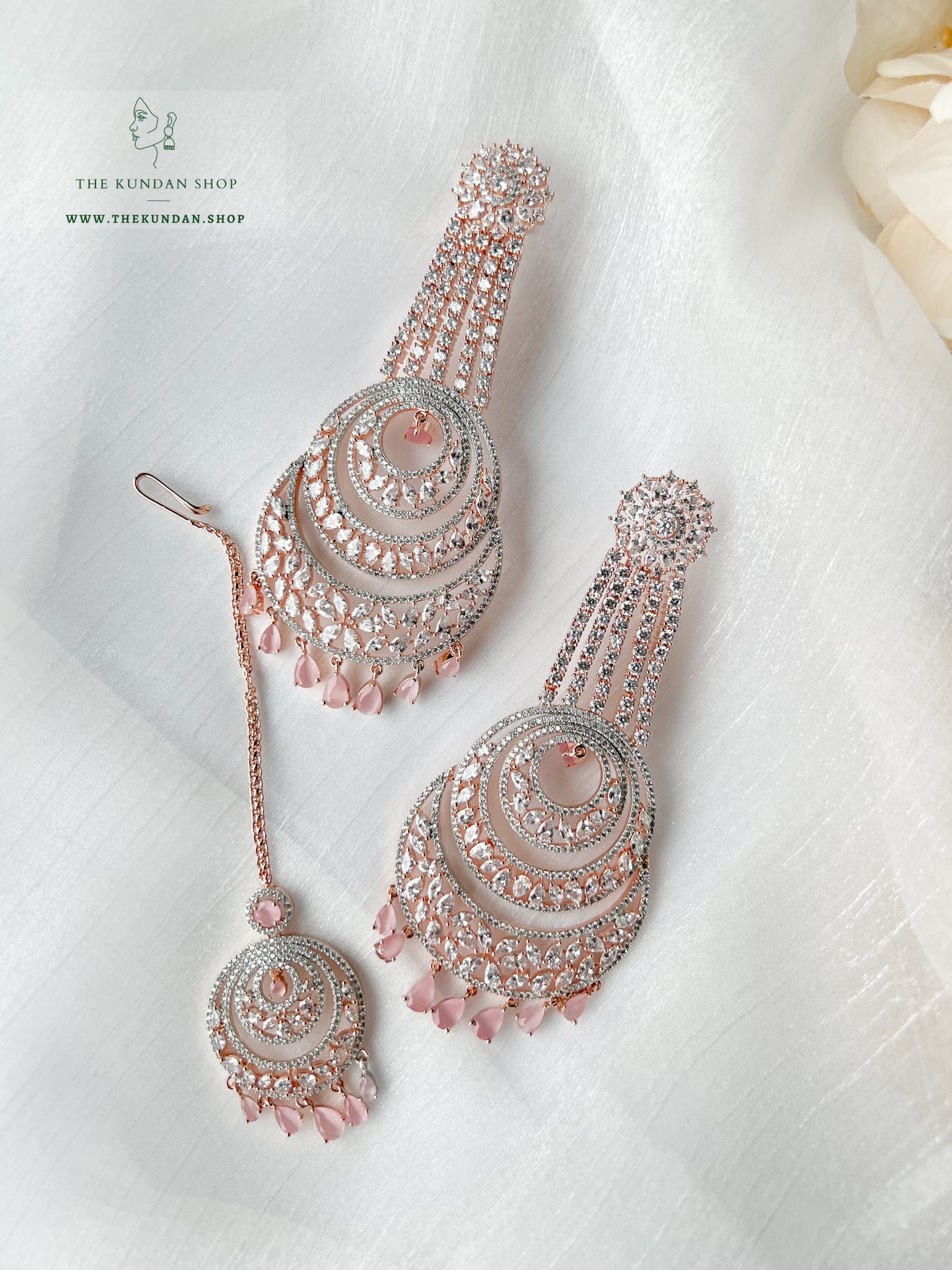 Wishful in Rose Gold & Pink Earrings + Tikka THE KUNDAN SHOP 