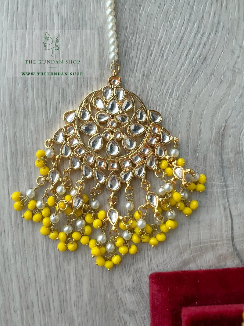 Floret Jhumkis in Yellow Earrings + Tikka THE KUNDAN SHOP 