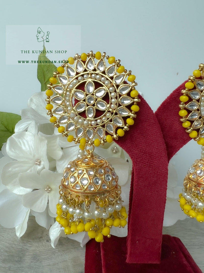 Floret Jhumkis in Yellow Earrings + Tikka THE KUNDAN SHOP 
