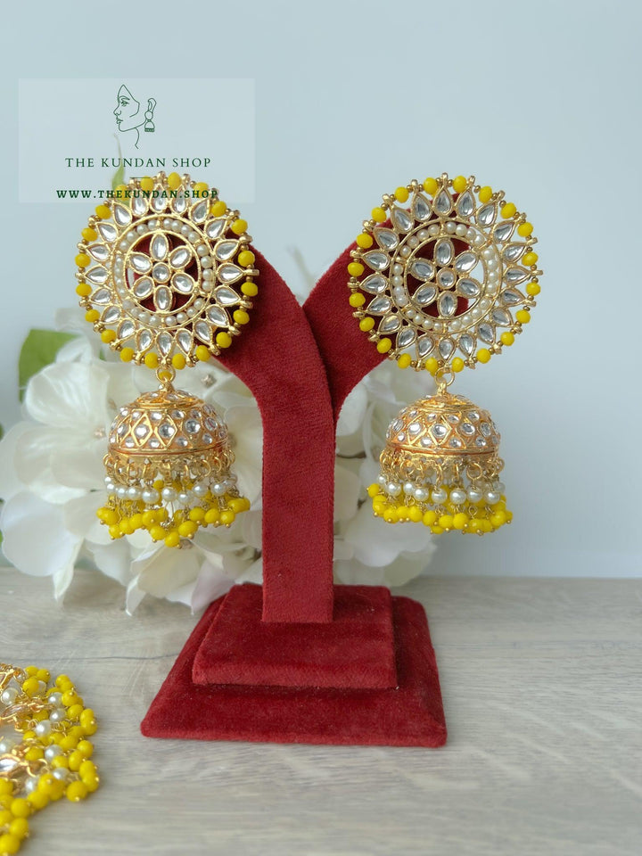 Floret Jhumkis in Yellow Earrings + Tikka THE KUNDAN SHOP 