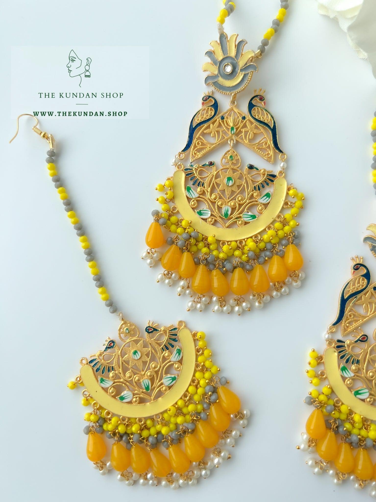 Serene Moorni in Yellow Earrings + Tikka THE KUNDAN SHOP 