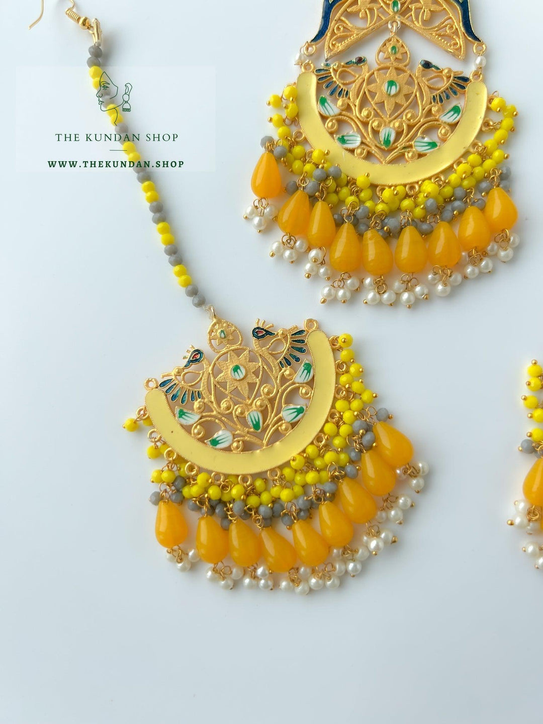 Serene Moorni in Yellow Earrings + Tikka THE KUNDAN SHOP 