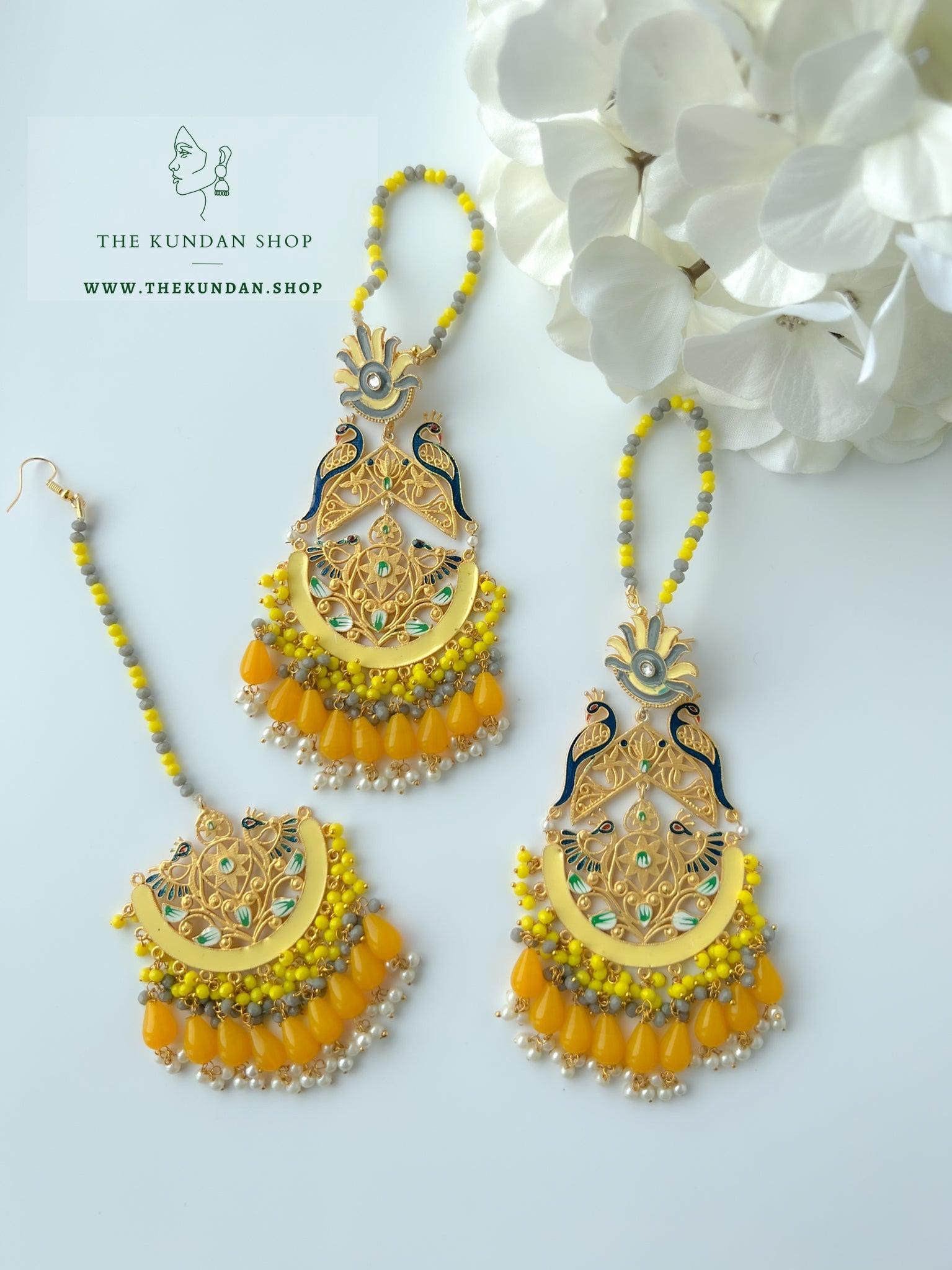 Serene Moorni in Yellow Earrings + Tikka THE KUNDAN SHOP 